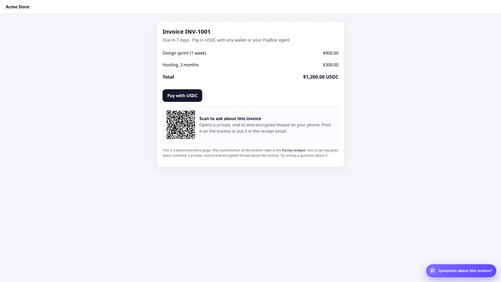 The one-line merchant widget on an invoice page